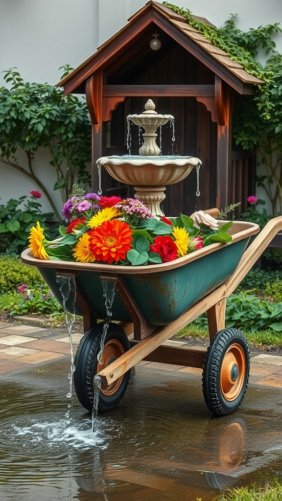 A colorful old wheelbarrow fountain with flowers and water flowing.