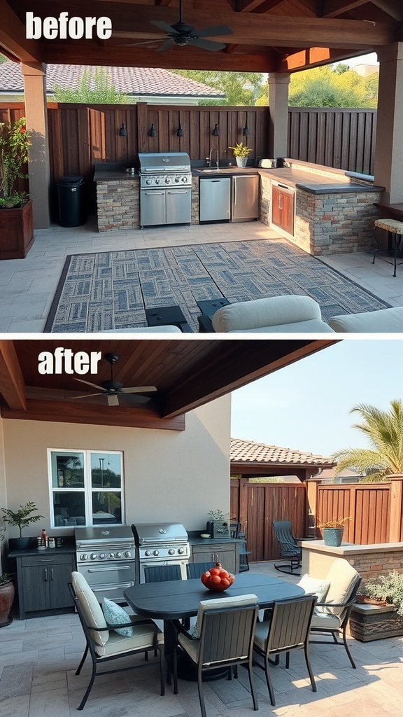 Before and after renovation of an outdoor kitchen showing a significant transformation.