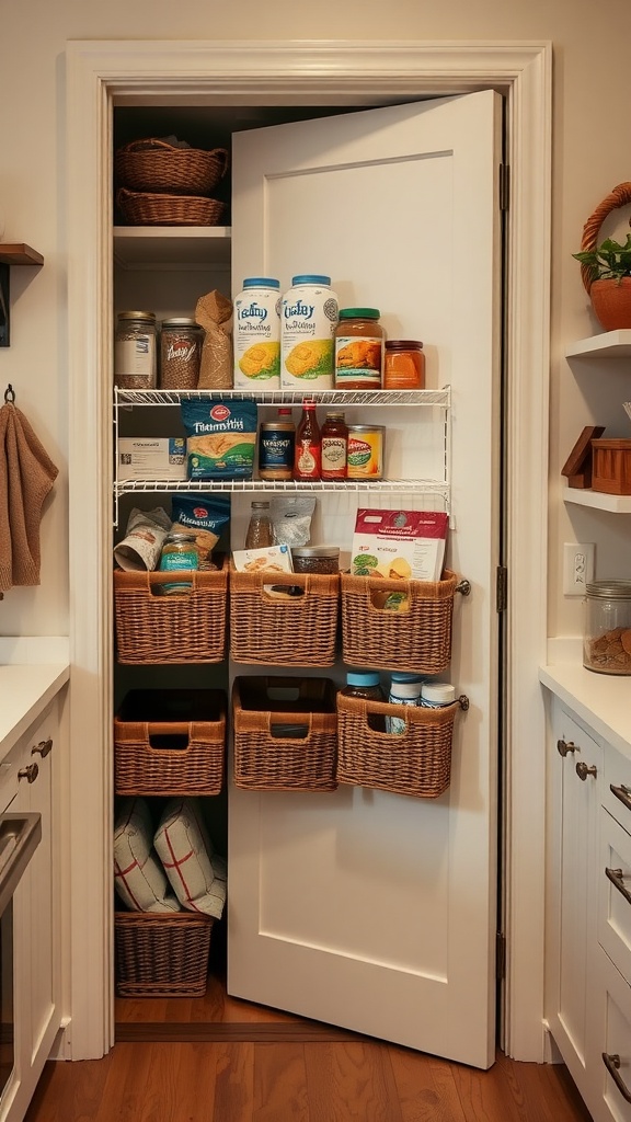 Over-the-door pantry storage with baskets filled with various kitchen items.