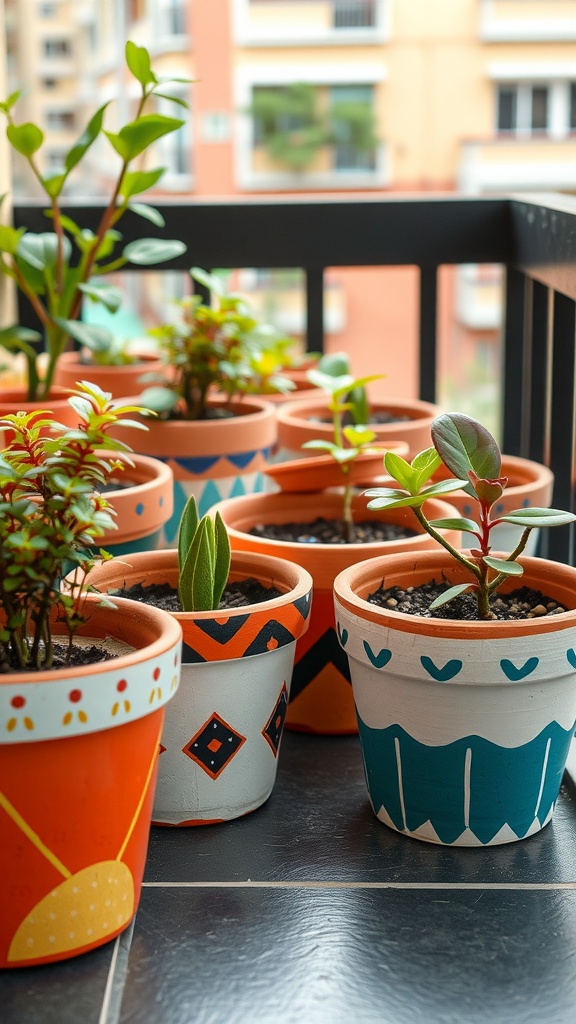 A collection of colorful painted clay pots filled with various plants on a balcony.