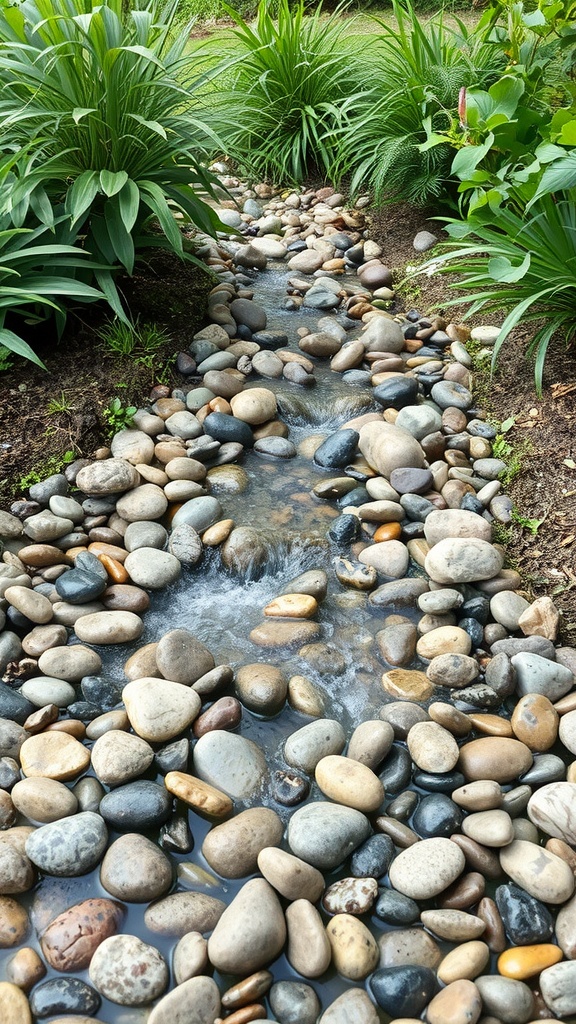 A serene pebble stream water feature lined with smooth stones and surrounded by greenery.