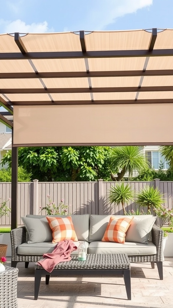 A stylish patio with a pergola frame and retractable shade, featuring a comfortable sofa with decorative pillows.