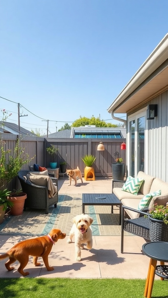 A sunny outdoor patio with dogs playing and comfortable seating.