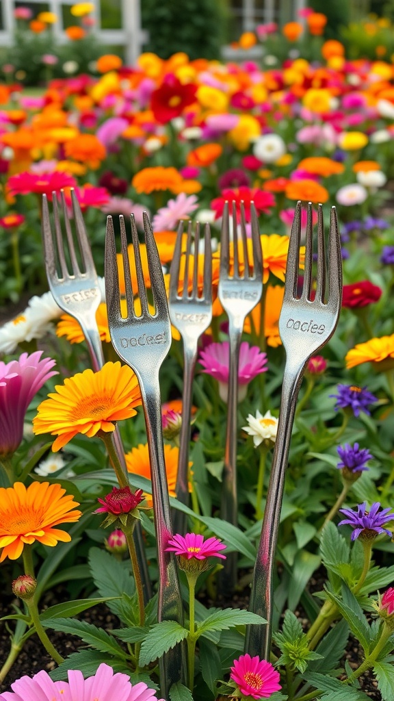 A colorful garden with repurposed forks as plant markers
