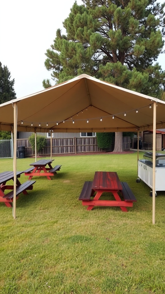 A spacious pop-up canopy tent set up in a grassy area with picnic tables underneath.