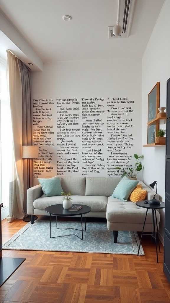 A modern living room with a sofa and a wall featuring printed text, illustrating the concept of portable room dividers.