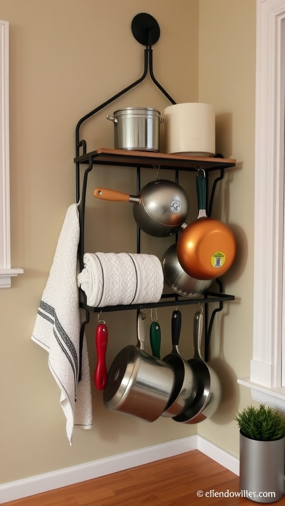 A stylish kitchen storage rack displaying pots, pans, and kitchen towels.
