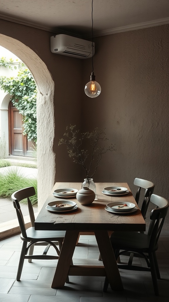 A rustic dining area featuring a wooden table, simple chairs, and a natural arrangement.