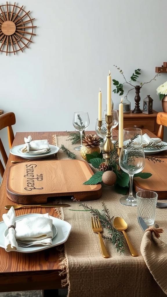 A rustic Hanukkah table setting with wooden elements, candles, and natural decor.