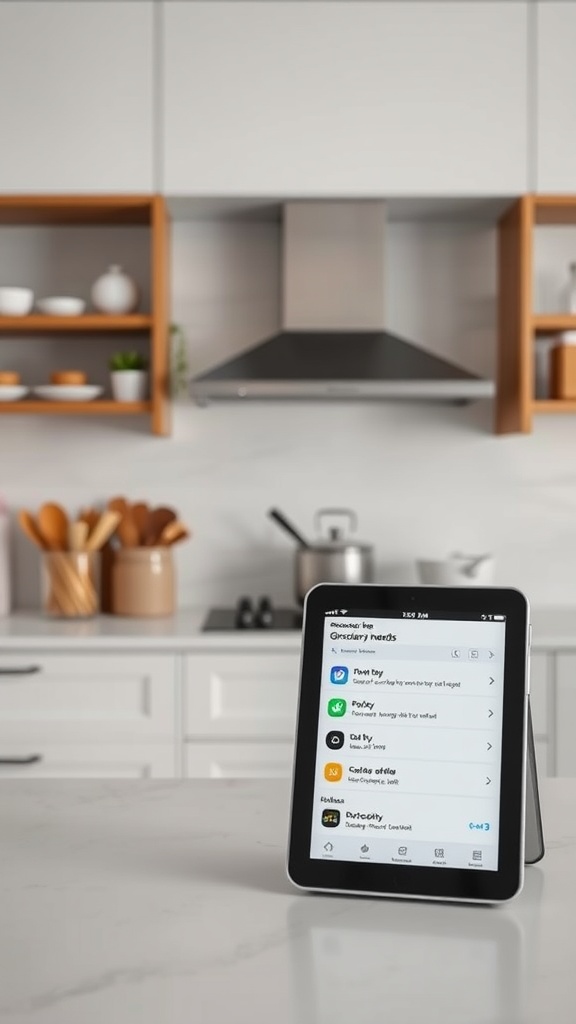 A digital tablet displaying grocery management apps in a modern kitchen setting.
