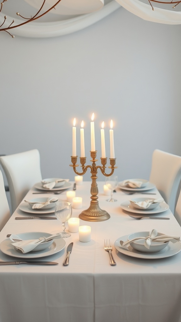 Snowy white table setting for Hanukkah with candles and elegant dinnerware.