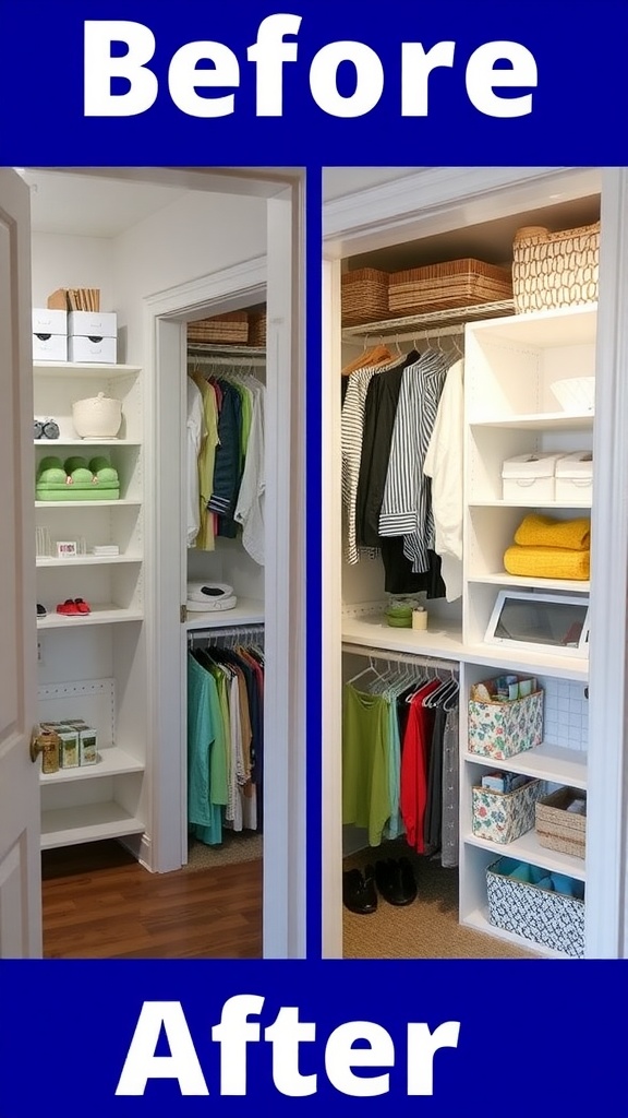 Before and after transformation of a closet, showcasing improved organization and space.