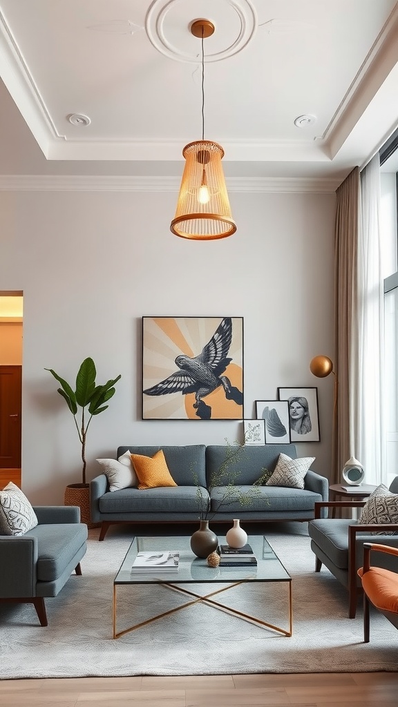 A stylish living room featuring a statement pendant light, contemporary furniture, and artistic decor.