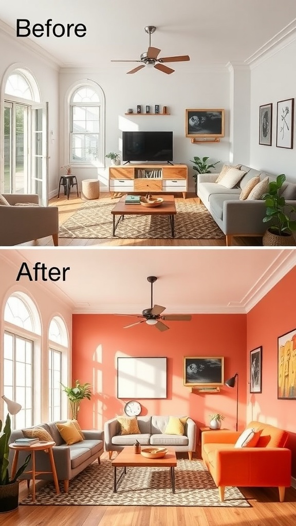 Before and after of a living room renovation showing a bright coral wall and new furniture.