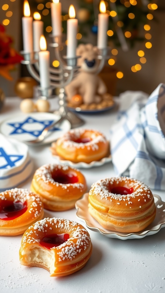 A festive display of sufganiyot donuts on a Hanukkah table, surrounded by candles and decorations