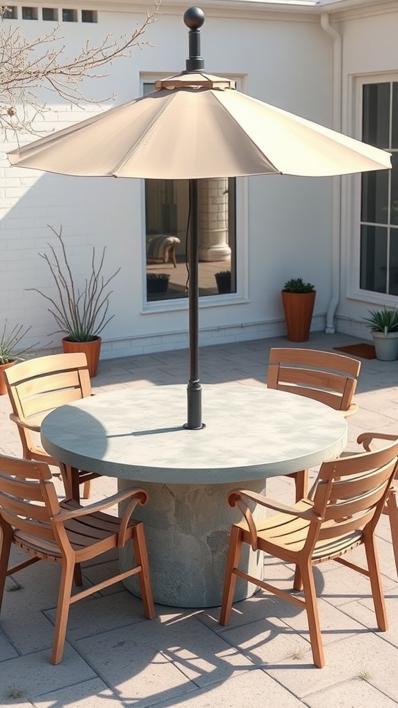 A patio table with a built-in hole for an umbrella, surrounded by wooden chairs.
