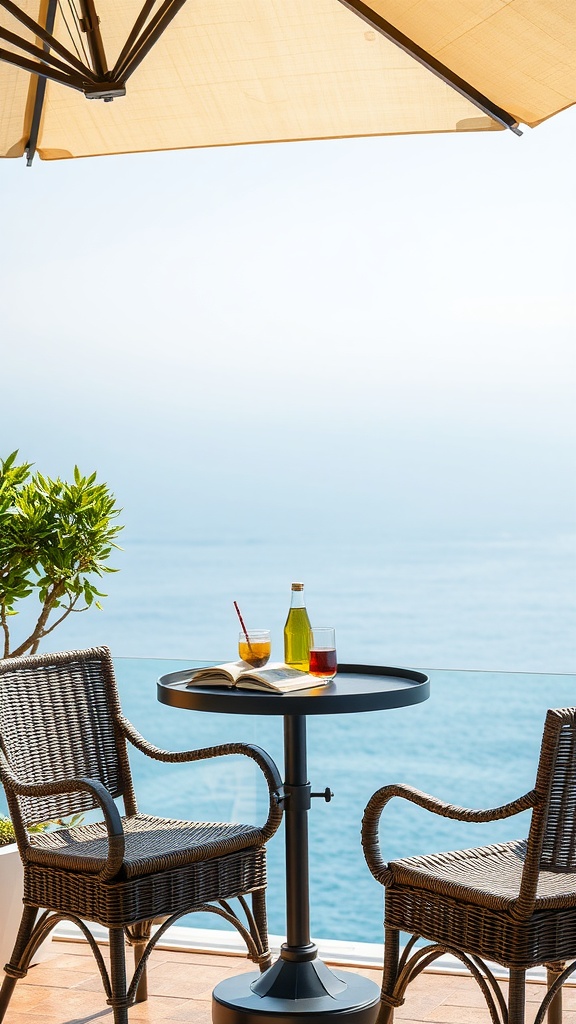 Patio umbrella with side table attached, featuring drinks and a book on the table