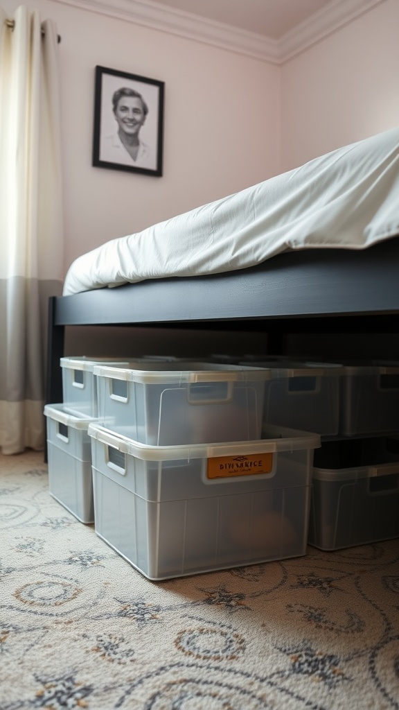 Storage bins under a bed for maximizing small space organization.