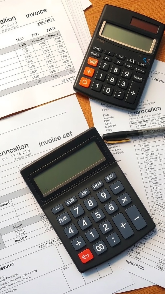 Calculators and renovation invoices on a table.