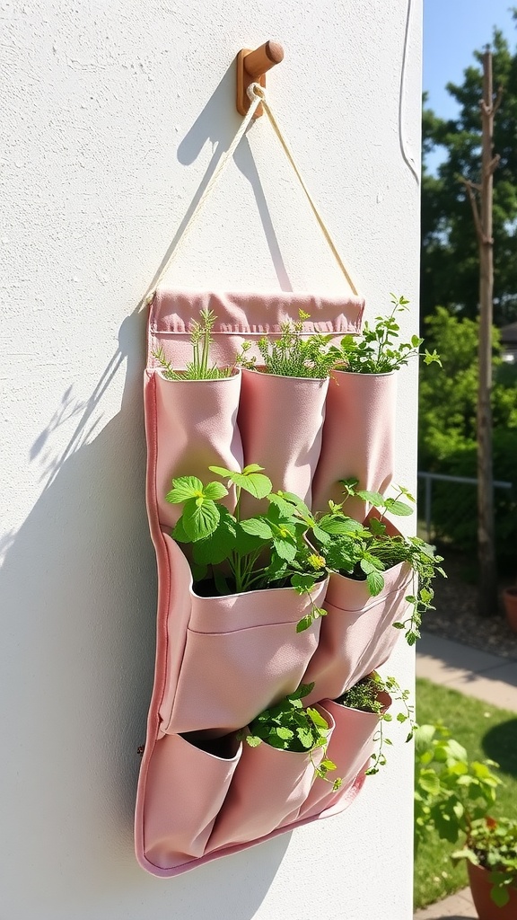 An upcycled shoe organizer turned into a vertical planter, featuring various green plants.