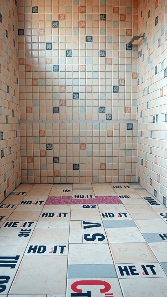 Colorful tile grout in a bathroom, enhancing the overall design.