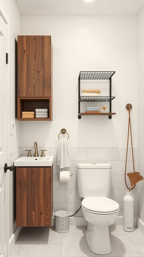 A modern bathroom featuring vertical storage with wooden cabinets and open shelves.