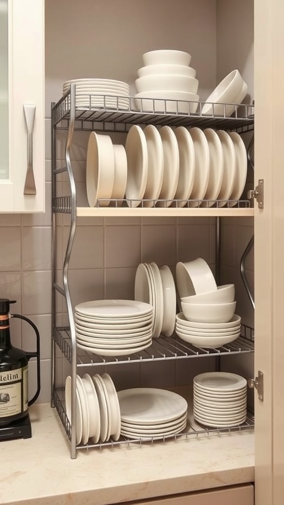A kitchen shelf with neatly arranged white plates and bowls, demonstrating vertical dish storage.