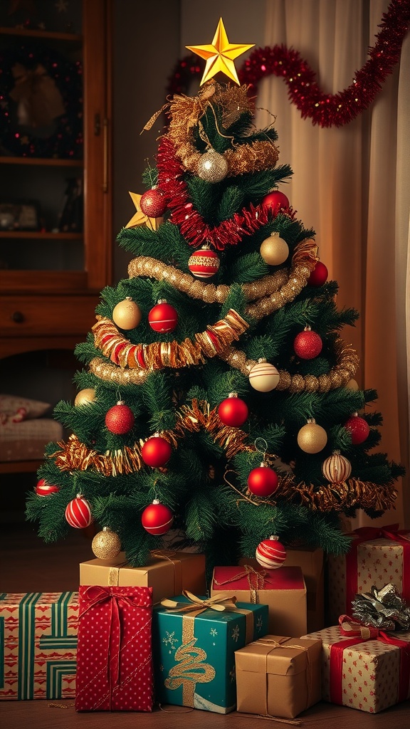 Vintage styled Christmas tree decorated with shiny ornaments and tinsel, surrounded by colorful wrapped gifts.