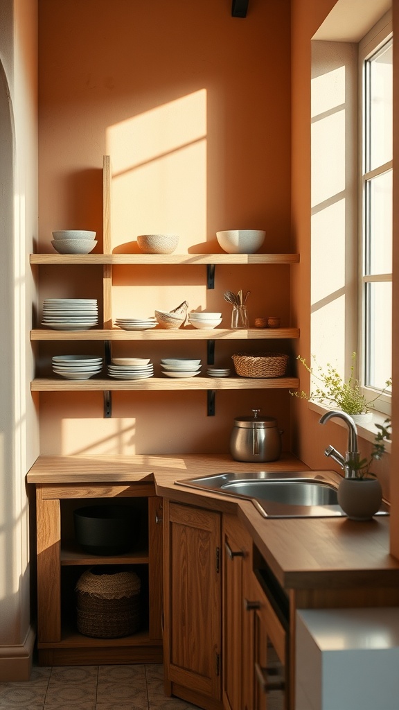 A warm kitchen nook with wooden shelves and natural light.
