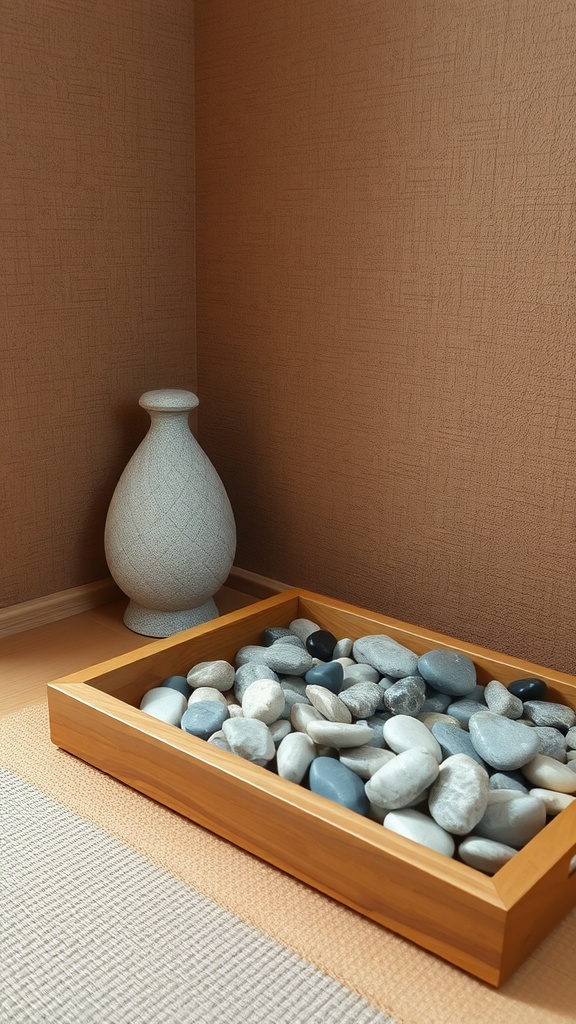 A serene Zen corner featuring a wooden tray filled with smooth stones and a textured vase.