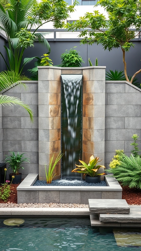 A modern wall-mounted waterfall surrounded by greenery in a garden setting.
