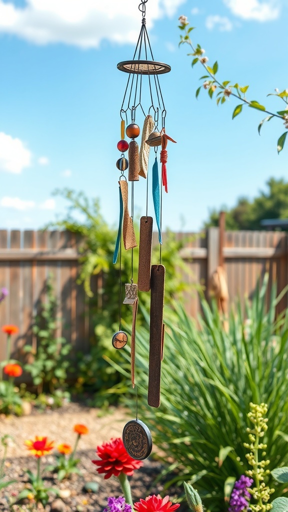 Colorful wind chimes made from recycled materials hanging in a garden