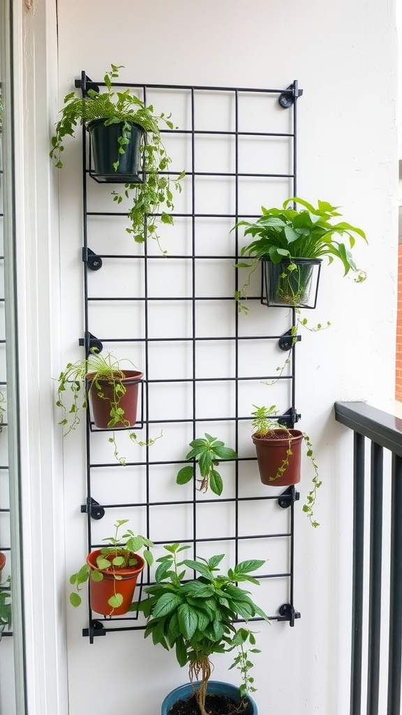 Wire grid wall planter with various potted plants attached.