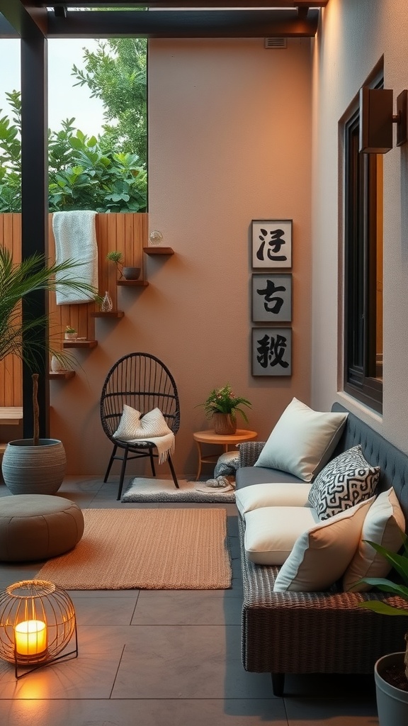 A serene outdoor meditation nook featuring a cozy sofa, soft lighting, and plants