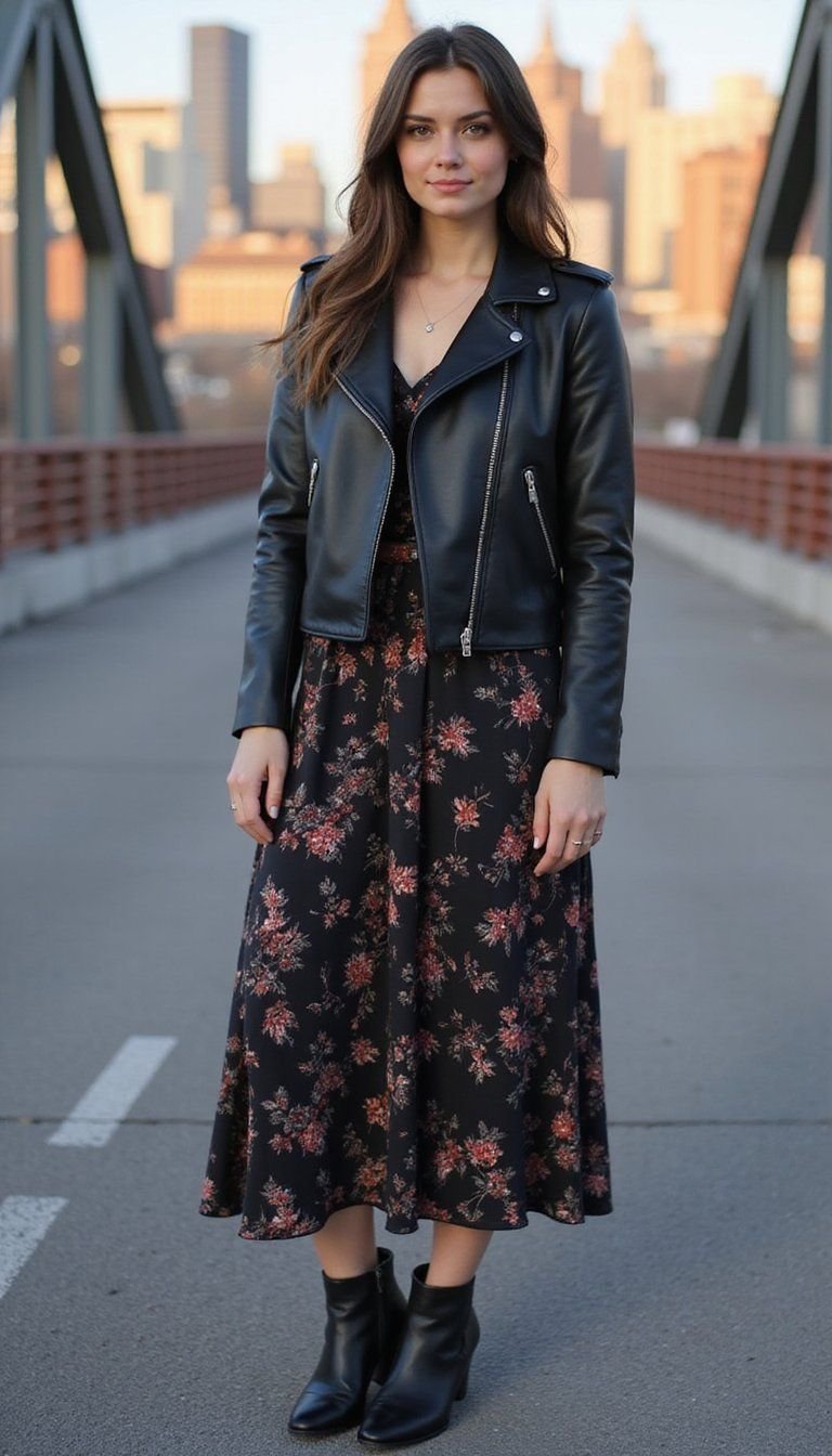 Leather Jacket with Floral Dress