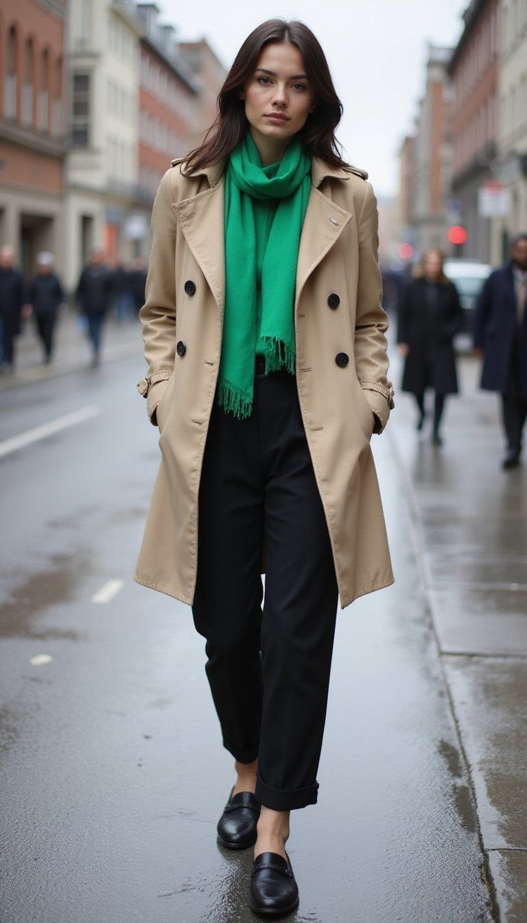 Classic Trench and Green Scarf