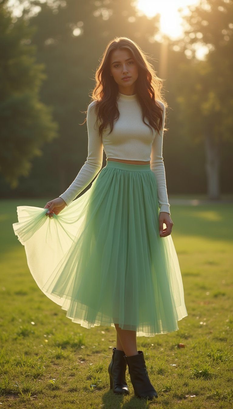 Green Tulle Midi Skirt Combo