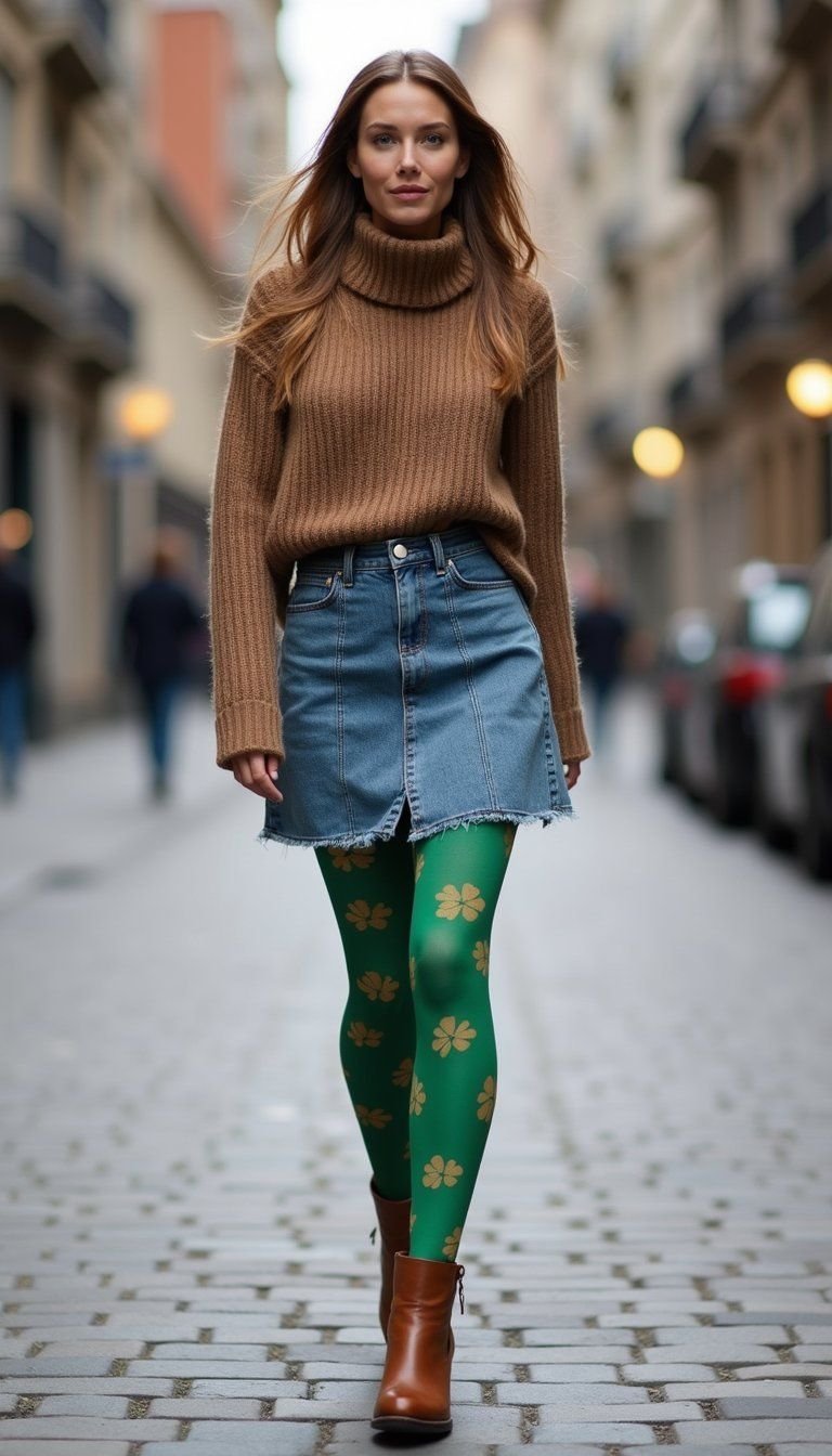 Patterned Tights Under Denim Skirt