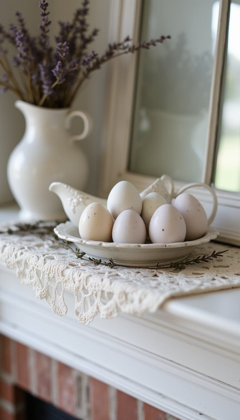 Chalk-dyed Eggs in Vintage Crockery Display