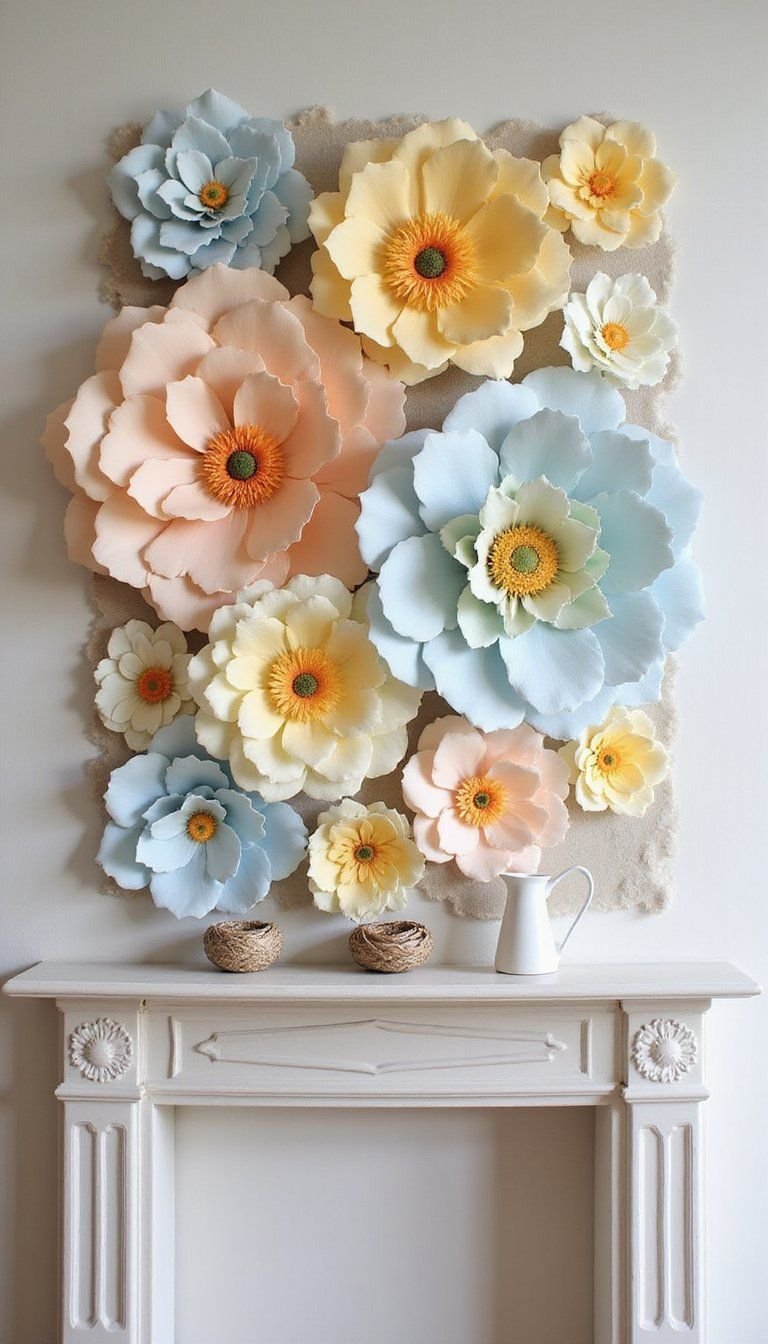 Paper Flower Backdrop Behind Mantel Display