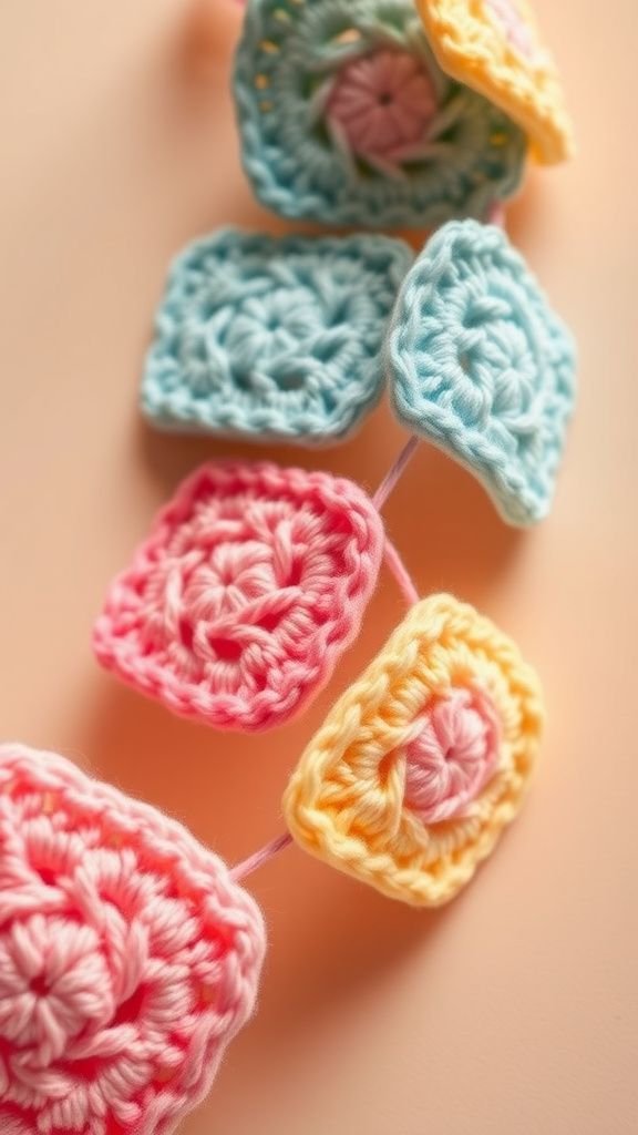 Crochet granny squares strung like a memory