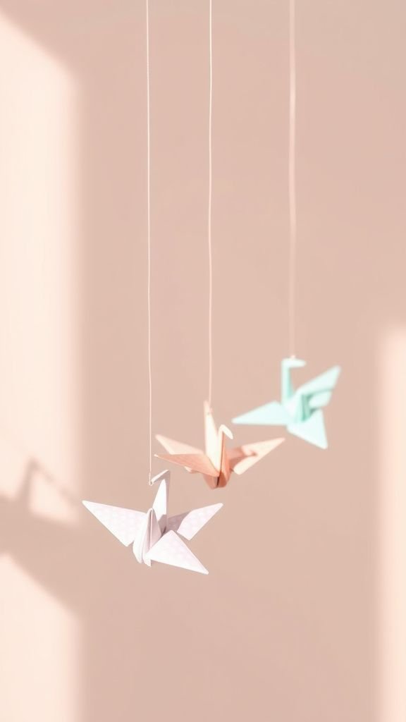 Mini origami crane garland floating on thread